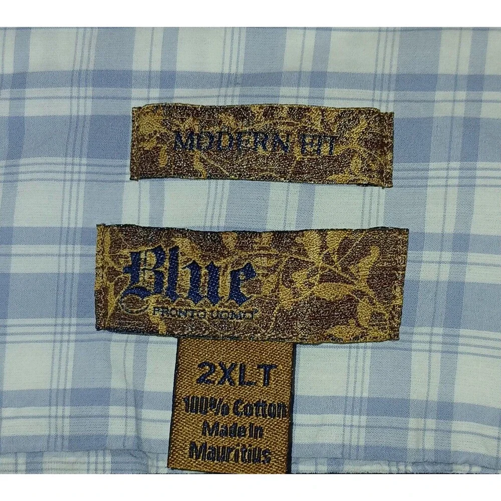 Pronto Uomo Mens Blue/White Plaid Shirt 2XL 100% Cotton Long Sleeve Button-Down